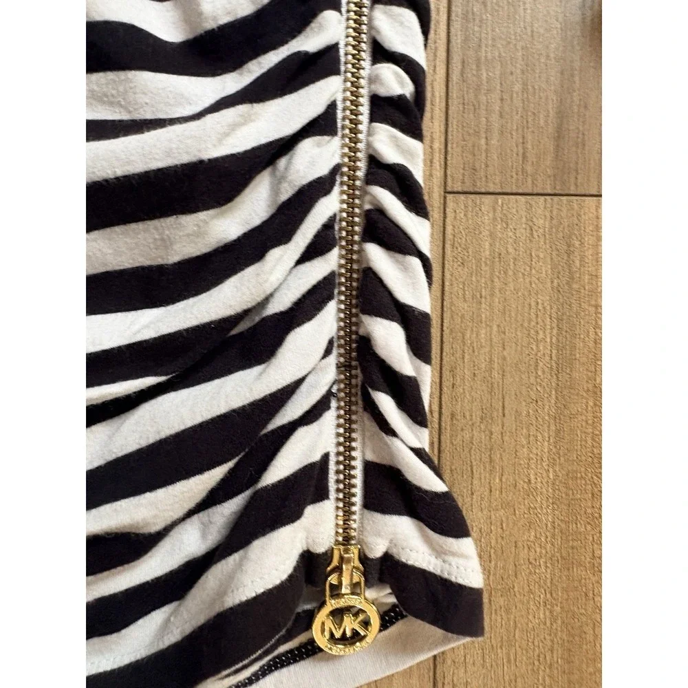 Michael Kors Black White Striped Shirt Women's Small Zip Roushing Stretch